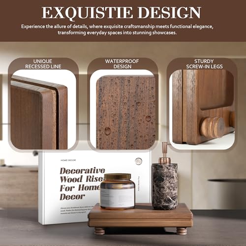 EOSAHR Decorative Tray Pedestal Stand for Home and Kitchen – Farmhouse Bathroom Counter Organizer & Soap Holder for Bathroom Decor - Wooden Tray to Elevate Home Decor (Brown) - color: Brown