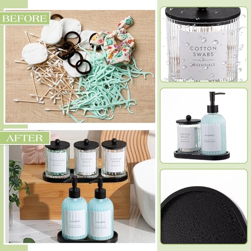 Yaomiao 5 Pack Glass Bathroom Accessories Set, Clear Striped Soap Dispenser, Toothbrush Holder, Cotton Swab Jars with Lids and Vanity Tray for Modern Sink Countertop Decor - color: Clear, style: Striped
