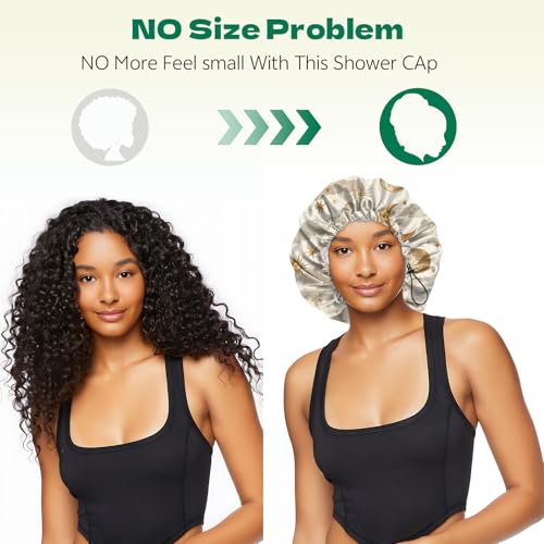 2 PCS Shower Cap Waterproof Double Layer Elastic Adjustable Reusable Hair Bath Caps for Girls Women Cute Aesthetic-Golden Black - color: G7-Golden Black