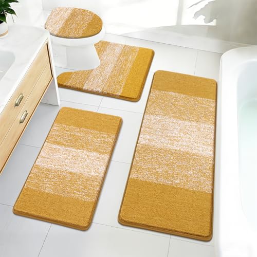Bsmathom Bathroom Rug Set Bath Rugs Microfiber Non Slip Bathroom Set 4 Piece with Toilet Cover, Washable Absorbent Bath Mat, Mustard - color: Mustard, size: 18"x26"+18"x48"+U20"x24"+Cover19"x21"