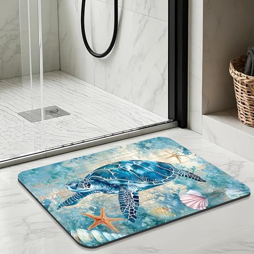 Quick Dry Bath Mat for Bathroom,Super Absorbent Turtle Bath Rug Non-Slip Rubber Backing,Machine Washable Bathroom Floor Mat for Shower, Tub, Sink Area Beach Seashell Ocean Blue 16x24 - color: Blue3, size: 1'4" x 2' (Rectangular)