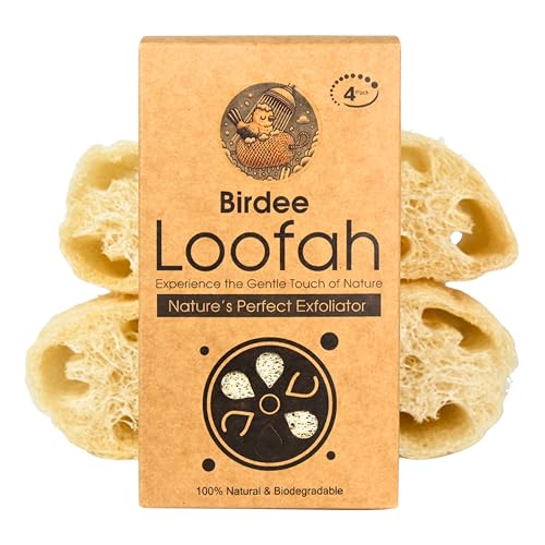 Birdee 100% Plant-Based Loofah Body Wash Sponge - Natural Luffa for Exfoliating and Radiant Skin, Hand-crafted in Vietnam, Pack of 4