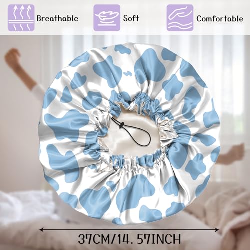 Luxury Shower Cap Silk Satin Lined Waterproof Reusable Adjustable Elastic Dry Hair Bathing Caps Cute for Women Girls-Blue Cow - color: C-15-Blue Cow