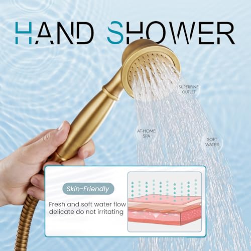 gotonovo Wall Mount Clawfoot Bathtub Faucet with HandHeld Spray and 360° Double Cross Handle Swivel Spout Vintage Tub Shower Faucet Set with Adapter Adjustable Swing Arms Antique Brass - color: Antique Brass