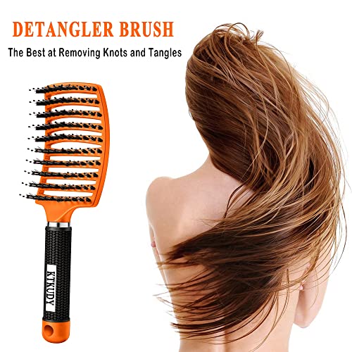 KTKUDY Detangling Brush Boar Bristles Hair Brush Make Hair Shiny & Healthier Curved and Vented Detangler Brush for Women Men Kids Wet and Dry Hair (Orange) - color: Orange