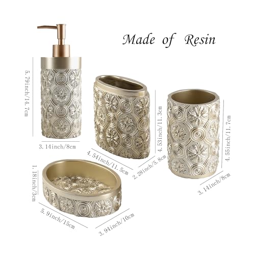Hymmah Bathroom Accessories Set,Golden Design Toothbrush Holder,Farmhouse Bathroom Decor,4 Pcs Resin Gift Set Apartment Necessities, Contain Toothbrush Cup,Soap Dispenser,Soap Dish,Tumbler - color: Golden Petal