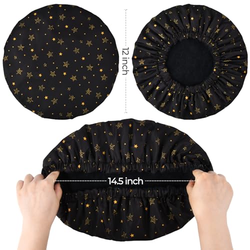 Shower Cap for Women Terry Lined Bath Cap Large Reusable Waterproof Elastic Band Black Star Shower Caps for Long Thick Hair Soft Bath Shower Hair Caps - color: Black/Gold Star
