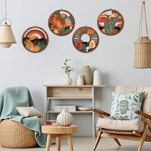 TOARTi 4 Pieces Boho Wooden Wall Art Bohemian Hanging Art Farmhouse Geometric Wooden Wall Decor Aesthetic Botanical Artwork Boho Minimalist Wall Decor for Bedroom Living Room - color: Boho Wooden Wall Art 1