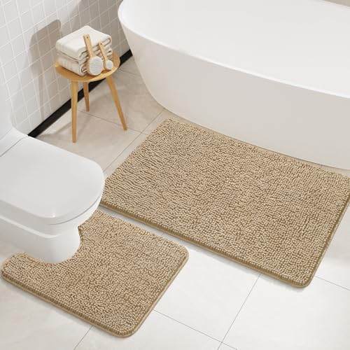 LOCHAS Bathroom Rugs Sets 2 Piece, Soft Non Slip Bath Mat Set, 20''x20'' U-Shaped Toilet Rug and 34''x21'' Sand Beige Bath Rugs, Washable Absorbent Chenille Toilet Rug Set for Bathroom, Shower - color: Sand Beige