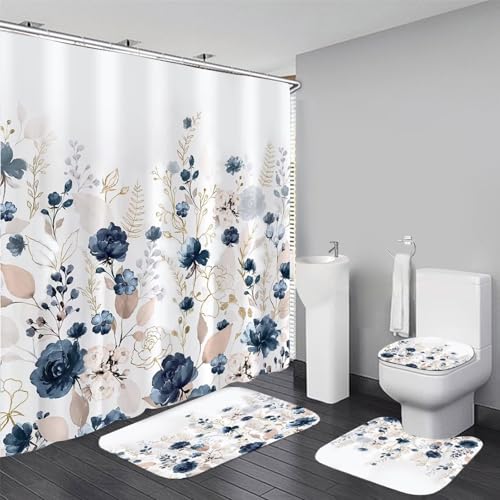 DDQQ Navy Blue Floral Shower Curtain Sets with Rugs 4 Piece Gold Flowers Leaves Bathroom Decor Set with Non-Slip Rugs Toilet Lid Cover and Bath Mat, Home Bathroom Shower Curtain Set with 12 Hooks - color: Navy Blue