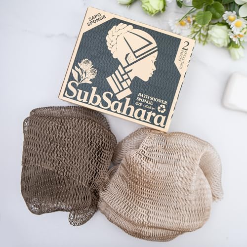 SubSahara Authentic African Net Sponge - 2 Pack Exfoliating Bath & Shower Loofah Sponge for Body & Face, Gentle Scrubber for All Skin Types, Travel, Durable (Linen & Brown) - color: Linen & Brown