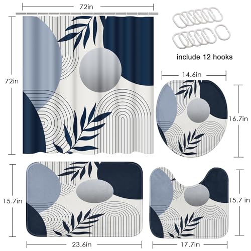 Boho Navy Blue and Grey Shower Curtain Set with Toilet Lid Cover and Non-Slip Rugs, Modern Minimalist Geometric Mid Century Abstract Leaf 4 Pcs Shower Curtain for Bathroom Set with 12 Hooks - color: Retro Blue