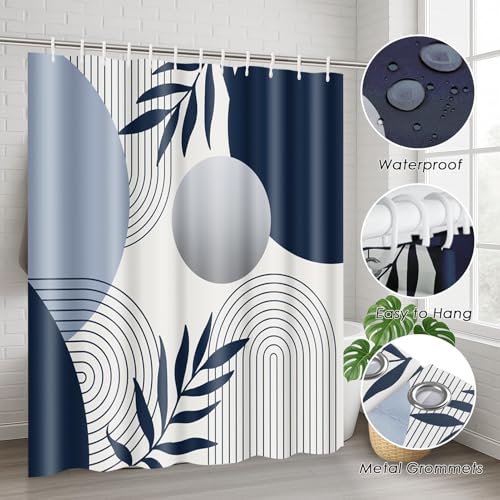 Boho Navy Blue and Grey Shower Curtain Set with Toilet Lid Cover and Non-Slip Rugs, Modern Minimalist Geometric Mid Century Abstract Leaf 4 Pcs Shower Curtain for Bathroom Set with 12 Hooks - color: Retro Blue