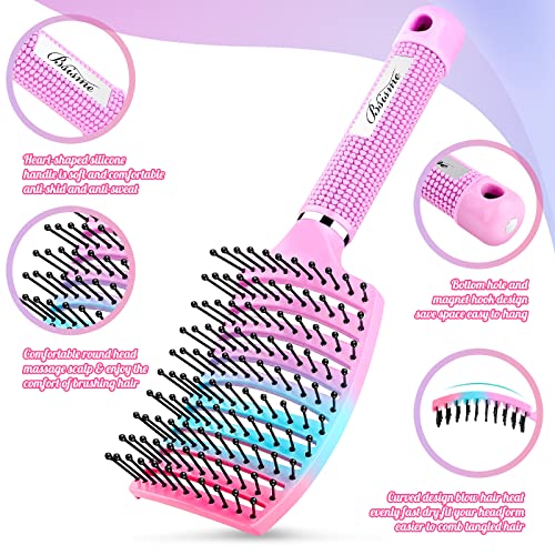 Bsisme Hair Brush, Curved Vented Detangling Brush for Faster Blow Drying | Paddle Styling Brush for Wet & Dry Hair, Flexible Bristles for Women Men Kids with Thick Curly Fine Wavy Straight Hair - color: Pink blue purple