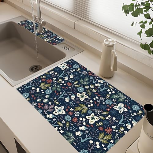 2Pcs Dish Drying Mats Faucet Mats Sets Large Size Coffee Mats Sink Faucet Mat Splash Guard for Kitchen Counter Bathroom Sink Coffee Bar Kitchen Decor (Cute Wildflowers, 18"x24" 15" x 5.5"Set) - color: Cute Wildflowers
