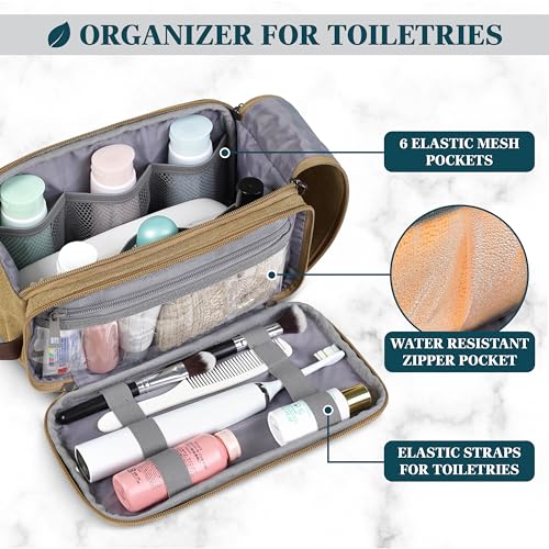 PAVILIA Toiletry Bag for Men, Canvas Dopp Kit, Travel Essentials Organizer, Water-Resistant Shaving, Grooming Kit, Large Hanging Bathroom Accessories Cosmetic Bag, Tan Khaki - color: Khaki, size: Large (10.5x 5.5x 6)