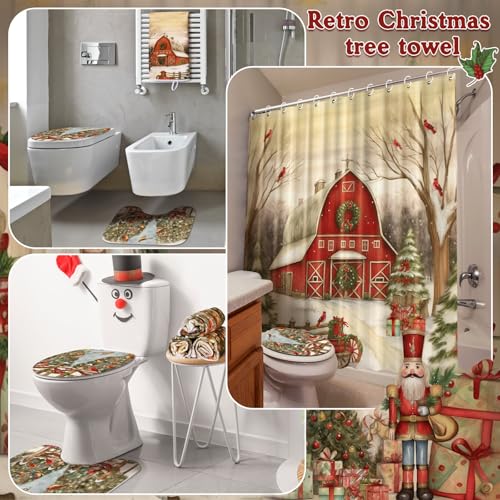 FuWeave 8 Pcs Christmas Shower Curtain Set Xmas Santa Bathroom Decoration Christmas Tree Hand Towels Snowman Toilet Lid Cover Bathroom Rugs Xmas Shower Curtain with Hooks(Farmhouse Style) - color: Farmhouse