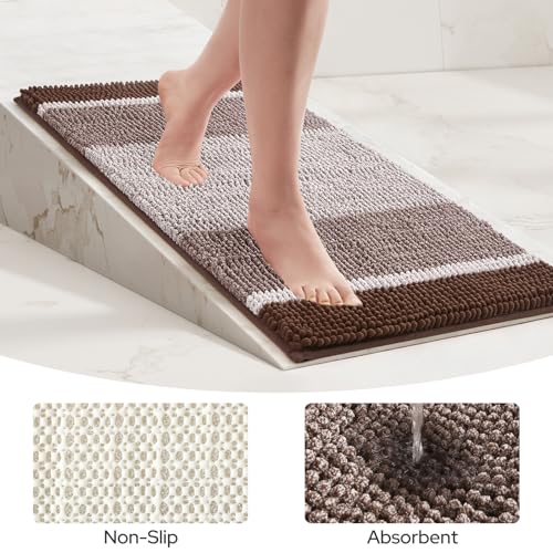 HOMEIDEAS Brown Bathroom Rugs Set, 2 Piece Thick Absorbent Fluffy Striped Chenille Bath Rugs, Non Slip, Soft Shaggy Bath Mats for Brown Bathroom Decor, 20" x 32" Plus 17" x 24" - color: Brown