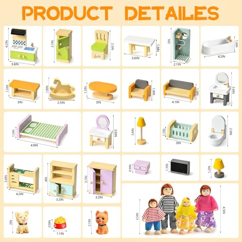 HAPGFS 36PCS Wooden Dollhouse Furniture Set with 4 Flexible Family Dolls - 5 Room Realistic Doll House Accessories for Toddlers 3 4 5 6, Pretend Play Toys Gift for Birthday and Christmas - style: Indoor