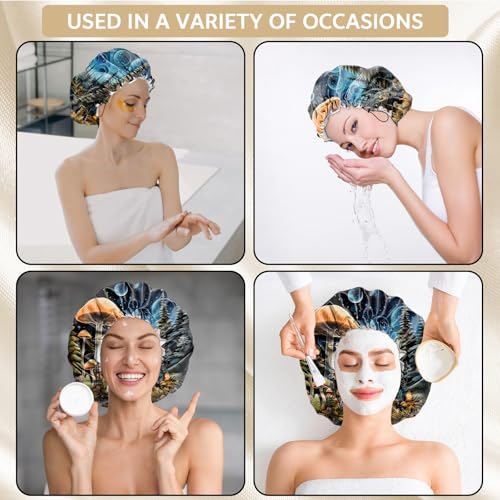 Shower Cap Adjustable Waterproof Double Layer Elastic Reusable Hair Bath Cap Cute Aesthetic for Women Girls-Blue Mushroom - color: R15-Blue Mushroom