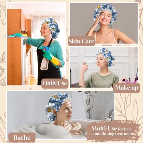 Luxury Shower Cap Adjustable Reusable Double Waterproof Layer Elastic Satin Lined Hair Bath Cap Cute Aesthetic Women Girls (K19-Chrysanthemum) - color: K19-Chrysanthemum