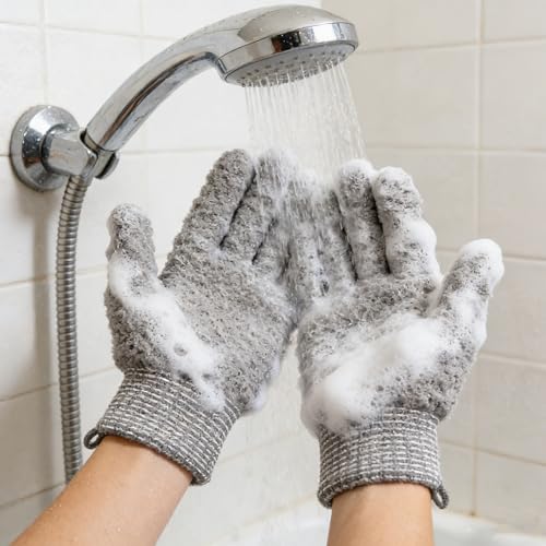 Exfoliating Bath Gloves 2 Pairs - Heavy Texture Body Scrub Gloves for Shower, Spa, Massage and Body Scrubs, Dead Skin Remover, Washing Gloves with Hanging Loop(Gray2) - color: Gray2