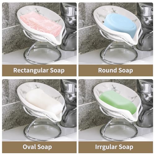 Dobbyby Leaf-Shaped Soap Dish – Premium Ceramic Soap Bar Holder with Self-Drainage System – Bar Soap Holder for Shower, Bathroom Sink, Kitchen – Waterfall Soap Dish with Stainless Steel Stand (SLIVER) - color: Sliver