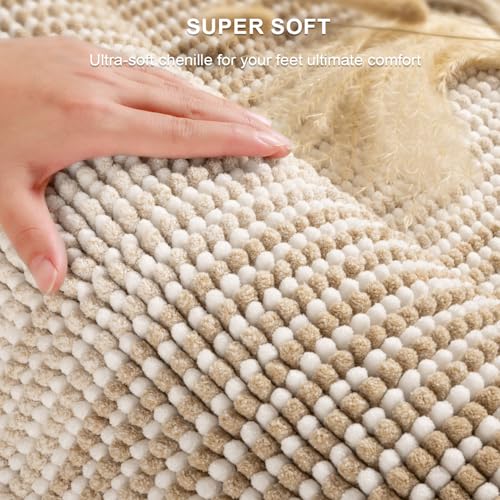 BSICPRO Bathroom Rugs Sets 3 Piece, Toilet Rugs U-Shaped Contour Bath Mat Set, Long Striped Absorbent Non Slip Chenille Shower Mat, Beige - color: Beige, size: 20"x47"+16"x24"+ U Shape 20"x24"