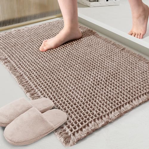 ZALL Tan Waffle Bath Mat,Super Absorbent Non Slip Bathroom Rug,Brown 24x36inch,Machine Washable Ultra Soft Floor Mats - color: Brown, size: 24 x 36 inches(Rectangular)