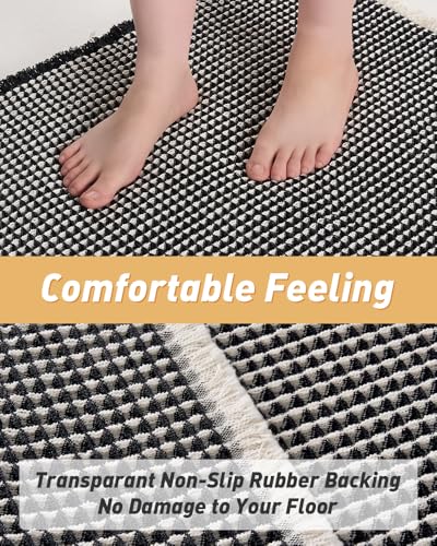 AMOAMI Upgraded Waffle Runner Rug Super Absorbent Non Slip Bath Mats for Bathroom Machine Washable Bathroom Runner Rug with Tassels, Ideal for Hallway Bedroom Laundry Room, 2' x 4', Black & Cream - color: Black & Cream, size: 2' x 4' (Runner)