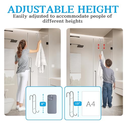 Shower Door Towel Hooks (2-Pack), 9"-13" Adjustable Over Glass Door Hooks | Fit for Frameless, Anti-Scratch Squeegee Holder, Towel Hanger for Bath Suits Rozer Robes Loofahs Shavers, Stainless Steel - color: Silver, Clip