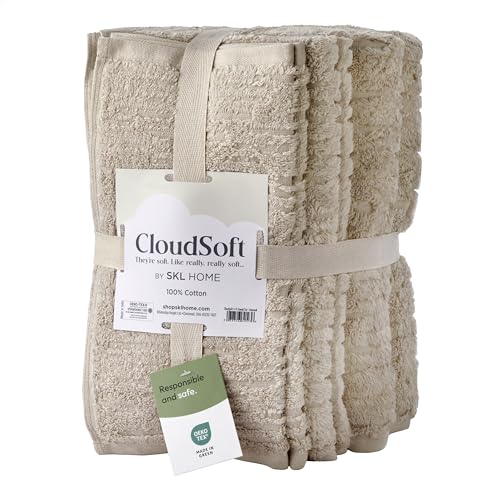 SKL Home CloudSoft 100% Cotton Luxury 6-Piece Towel Set, 600 GSM, Ultra Plush & Absorbent - 2 Bath Towels, 2 Hand Towels, 2 Washcloths, Oatmeal - color: Oatmeal, style: 6-Piece Towel Set