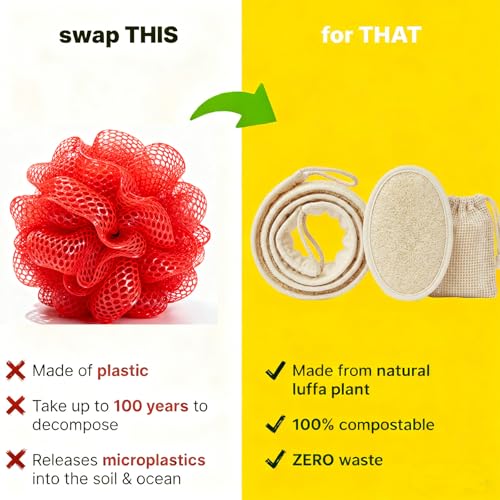 Natural Loofah Back Scrubber for Shower for Men and Women, Exfoliating Loofah Sponge with Soap Saver (1Back+1Pad+1Bag) - size: 2 Count (Pack of 1)