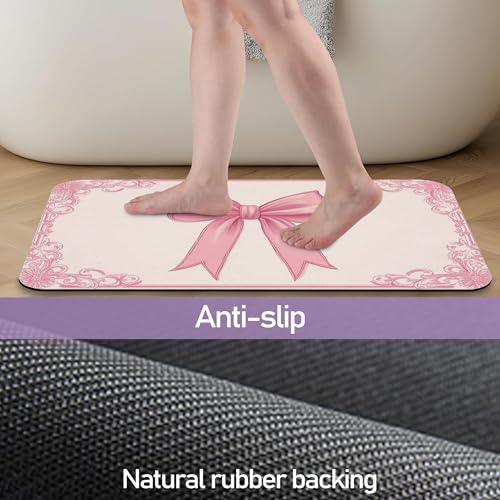 Pink Bow Bathroom Rugs, Fast-Absorbing Bath Mat, Quick-Dry Non-Slip Thin Rug for Bathroom Floor Kitchen 17"x30" - color: Pink Bow