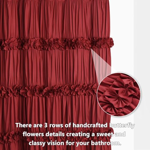 Homechoice Decor Burgundy Ruffle Shower Curtain, Vintage Handcrafted Bow Tie Bath Curtain for Master Bathroom, Ruched Microfiber Bathroom Curtain with 12 Buttonholes, 72" W x 72" H (LQ-10) - color: Burgundy, size: 72"W x 72"L (Each Curtain)