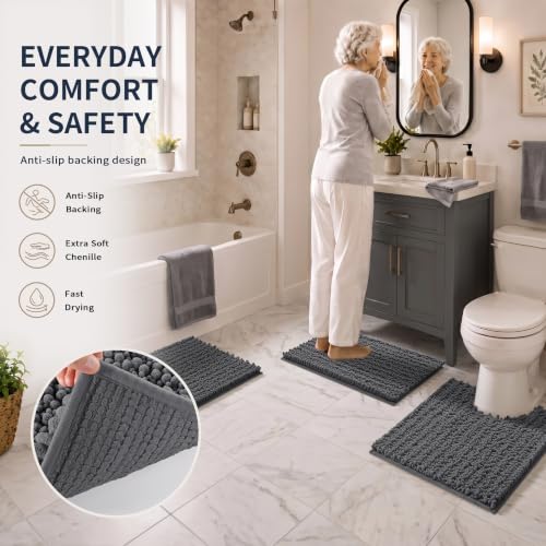Yimobra Bathroom Rug Set 3 Piece - Super Absorbent Quick Dry Chenille Bath Mats & Toilet Rug, Non Slip Machine Washable, Extra Thick Shaggy Floor Mat for Shower Tub Sink, Dark Gray - color: Dark Gray, size: 24"x17" + 24"x20" + 30"x20"