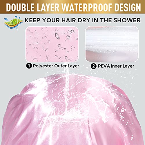 Shower Cap, Adjustable Shower Caps for Women, Extra Large Upgrade Double Waterproof Layers Hair Cap, Bath Caps Shower Hat Women Girls Adult Hair Protection Suitable for All Lengths and Thickness - color: Pink, size: X-Large