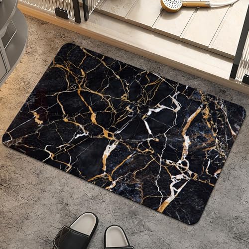 Bath Mat Rug,Black marble with yellow and white Non Slip Quick Dry Super Absorbent Thin Bathroom Rugs Fit Under Door-Easy to clean Bathroom Floor Mats-Shower Rug for Shower Sink Bathtub(16" x 24"In) - color: Black Marble With Yellow and White, size: 1'4"