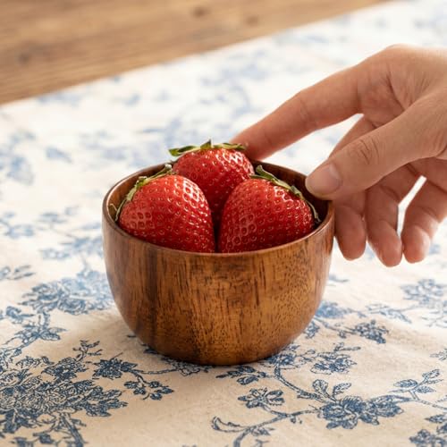 Lyellfe Set of 4 Acacia Wooden Bowl, 5 Oz Small Dipping Sauce Bowl with Spoon, 3 Inch Charcuterie Dish, Soup Water Cup for Condiments, Jam, Nuts, Appetizer, Snack, Yogurt