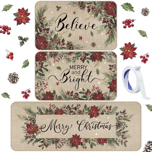 Drydiet 3 Pcs Christmas Poinsettia Kitchen Mat and Rug Non Slip Doormat Washable Waterproof Floor Mats Farmhouse Holiday Kitchen Decor for Home Floor Office Bathroom Party Rustic Decor - color: Red, style: Poinsettia