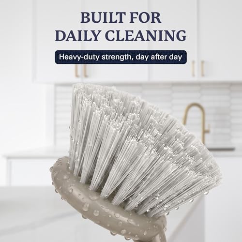 Farberware Dish Brush with Handle, 2 Pack, Firm Bristles | Kitchen scrub brush and dish scrubber removes grease, reaches pot and pan edges, 9in, round head, soft-grip design - color: Beige/Tan