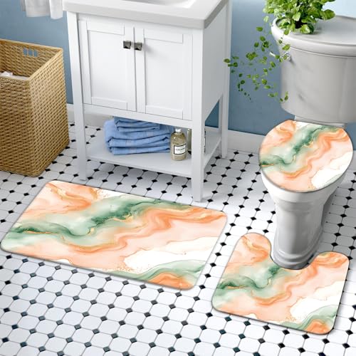 Lnond 4Pcs Marble Bathroom Sets with Shower Curtain and Rugs, Orange Green Marble Modern Art Bathroom Shower Curtain Sets with Rugs and Accessories - color: Orange Green Marble