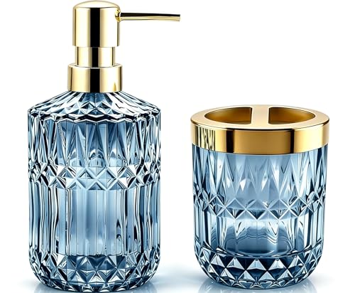 2Pcs Blue Bathroom Accessories Set, Glass Bathroom Accessories, Vintage Bathroom Countertop Decoration Includes Soap Dispenser, Toothbrush Holder - color: Blue, size: 2 Pcs
