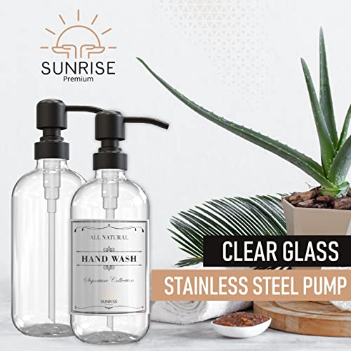 Sunrise Premium 2 Pack Clear Glass Soap Dispenser 16 OZ with Matte Black Stainless Steel Pump, Hand and Dish Soap Dispenser Set for Bathroom and Kitchen Sink with 6 Waterproof Labels - color: Matte Black Ss Pump - Clear Glass