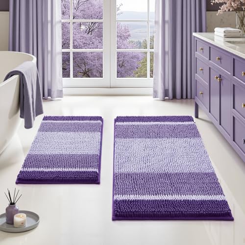 HOMEIDEAS Purple Bathroom Rugs Set of 2, Thick Absorbent Chenille Bath Mats, Non-Slip Soft Shaggy Rugs for Bathroom Floor, 20" x 32" Plus 17" x 24" - color: Purple