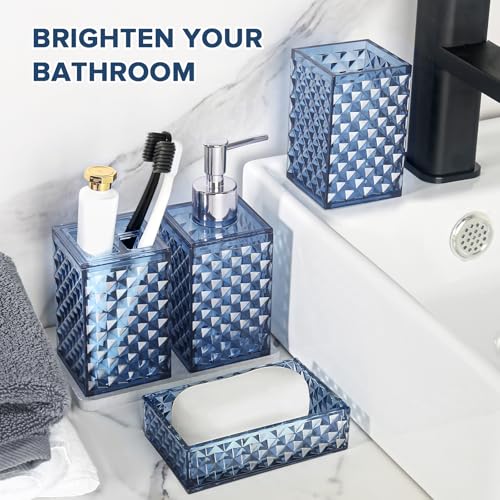 RYTOXILO Bathroom Accessories Set, 4 Pack Blue Acrylic Bath Accessory Sets Complete, Diamond Soap Dispenser and Toothbrush Holder Bathroom Counter Sink Set, Boho Modern Bathroom Decor - color: Blue