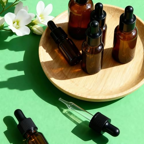 erioctry 5ML/10ML Amber Glass Essential Oil Bottles and Eyed Dropper Black Caps Makeup Cosmetic Sample Container Boxes of Glass for Essential Oil Aromatherapy Use(Pack of 12) (10ML) - size: 10ML