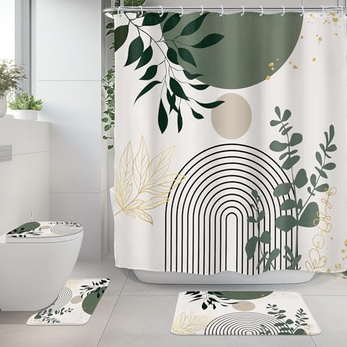 Riyidecor Boho Sage Green 4Pcs Shower Curtain Set with Toilet Lid Cover and Non-Slip Rugs, Mid Century Modern Minimalist Bathroom Decor Set，Abstract Contour and Bath Mat with 12 Hooks - color: 04sage Green