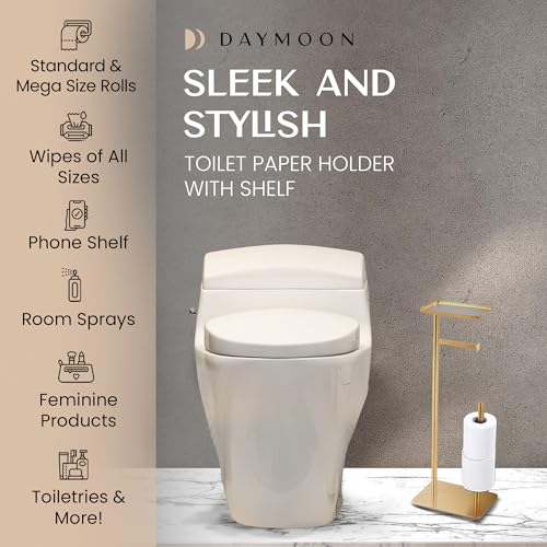 Day Moon™ - Toilet Paper Holder - Modern Roll Holder for Bathroom - 1 Pack - Free Standing - with Shelf, Gold - color: Gold