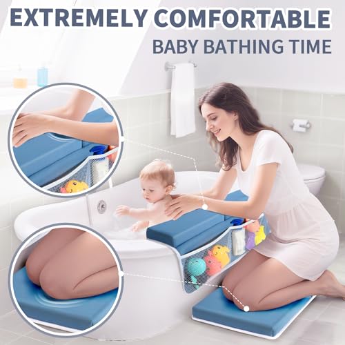 URMYWO Bath Kneeler and Elbow Rest Pad Set - 1.5" Thick Baby Bath Kneeler Pads with Toys Organizer, Anti-Slip Cozy Knee & Arm Support Bathtub Mat, Quick Dry Kneeling Pad for Baby Bath Time - color: Bluea